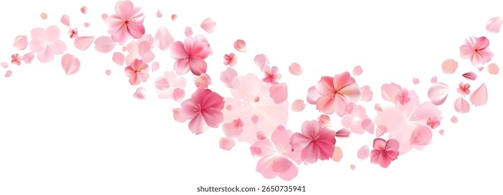 Delicate light pink sakura flowers flow. Wind swirls, flying blossom petals. Floral air vortex. Tender rose bg. Background for Valentine Day, birthday or wedding card. Vector illustration.