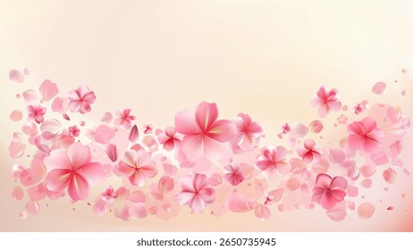 Delicate light pink sakura flowers flow. Wind swirls, flying blossom petals. Floral air vortex. Tender rose bg. Background for Valentine Day, birthday or wedding card. Vector illustration.