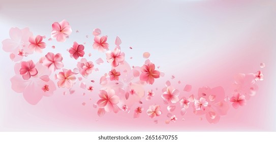 Delicate light pink sakura flowers flow. Wind swirls, flying blossom petals. Floral air vortex. Tender rose bg. Background for Valentine Day, birthday or wedding card. Vector illustration.