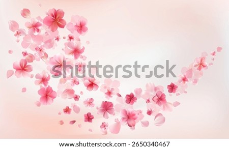 Delicate light pink sakura flowers flow. Wind swirls, flying blossom petals. Floral air vortex. Tender rose bg. Background for Valentine Day, birthday or wedding card. Vector illustration.