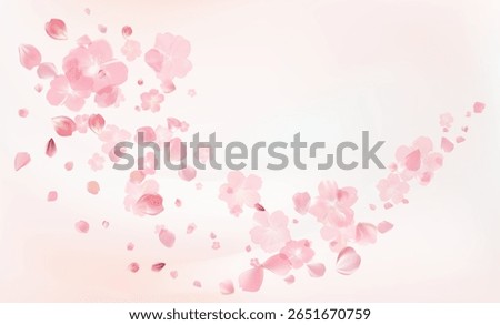 Delicate light pink sakura flowers flow. Wind swirls, flying blossom petals. Floral air vortex. Tender rose bg. Background for Valentine Day, birthday or wedding card. Vector illustration.