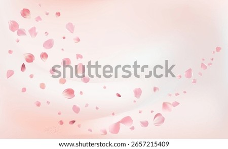 Delicate light pink sakura flowers flow. Wind swirls, flying blossom petals. Floral air vortex. Tender rose bg. Background for Valentine Day, birthday or wedding card. Vector illustration.