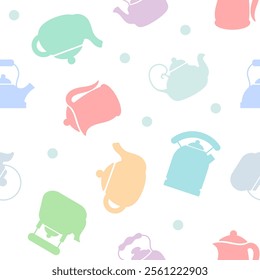 Delicate light seamless print or pattern with teapots for kitchen towel, curtains or packaging.