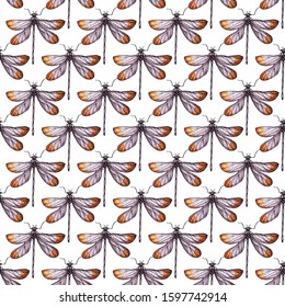 Delicate lilac dragonflies on a white background. Seamless pattern. Fashionable pastel insects. Stock vector illustration.