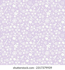 Delicate lilac seamless fabric print , hand drawn, vector. Floral  botanical textile pattern with small flowers, spring print, ditsy print 