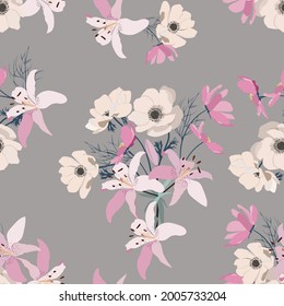 Delicate lilies and anemone on a gray background. Vector illustration, seamless. For fabric decoration, packaging, wallpaper.