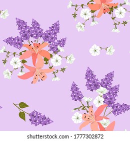 Delicadas lirios y lilas. Ilustración vectorial, sin fisuras. Para la decoración de tejidos, embalajes, papel pintado.