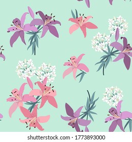 Delicate lilies on a turquoise background. Vector illustration, seamless. For fabric decoration, packaging, wallpaper.