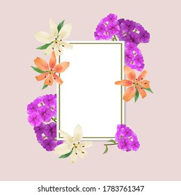 Delicate Lily and phlox with a frame and place for your text on a beige background. Wedding invitation,greeting card, anniversary, flyer.