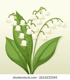 Delicate lily of the valley flowers with lush green leaves in a clean vector style. Soft colors and detailed composition
