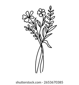 Delicate line art bouquet of wildflowers in a minimalist silhouette style.