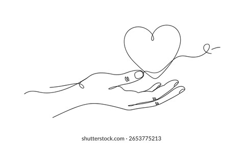 Delicada arte em linha de uma mão carinhosa segurando gentilmente um coração simbolizando amor e bondade