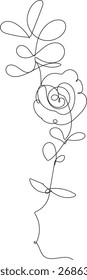 Delicate line art drawing of a blooming rose with leaves on a stem.