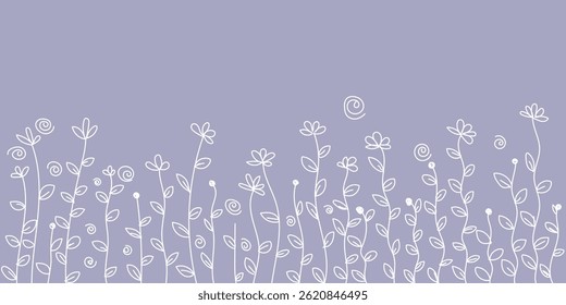 Delicado linhas de arte flores em um fundo roxo, fundo floral abstrato.