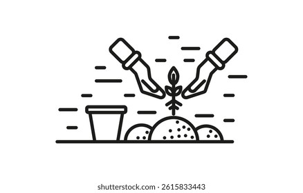 Delicate line art of hands carefully planting young sprout. Perfect for gardening tutorials, eco-campaigns and sustainability projects. Clean vector illustration.