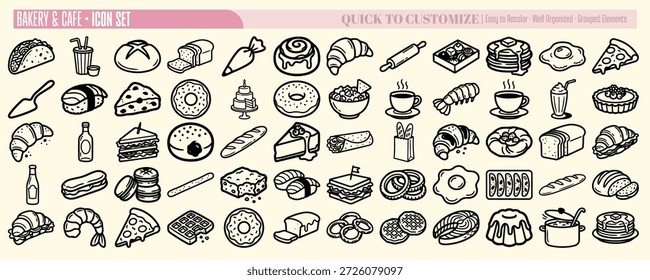 Delicado conjunto de ícones de arte de linha retrata variados doces de padaria, pão e bebidas para marca, design de menu e embalagem, brincalhão.