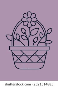 Una delicada ilustración de arte lineal de una cesta llena de flores, con trazos simples y elegantes perfectos para diseños florales y decorativos