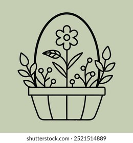 A delicate line art illustration of a basket filled with flowers, featuring simple, elegant strokes perfect for floral and decorative designs