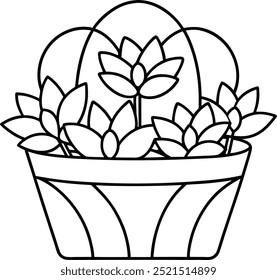 A delicate line art illustration of a basket filled with flowers, featuring simple, elegant strokes perfect for floral and decorative designs
