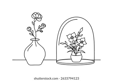 Delicate line art illustration depicting two floral arrangements in elegant vases and dome