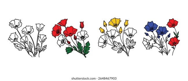 A delicate line art illustration features a collection of poppy flowers, showcasing their characteristic petals and stems. This design is presented on a clean white background.