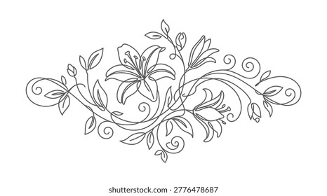 Delicate line art illustration featuring lily flowers, leaves, and swirling vines, perfect for elegant designs and decorations.