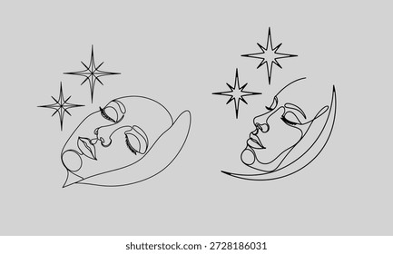 Una delicada ilustración de arte lineal que muestra rostros y lunas en medio de una escena estrellada y celestial.