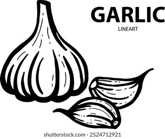 A delicate line art or vector illustration of garlic showcases its unique shape and texture with clean, minimalistic strokes, highlighting the natural beauty and simplicity of this essential culinary 