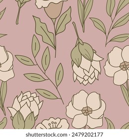 Delicate line art vector pattern design featuring pastel-colored flowers and leaves, perfect for elegant and modern projects