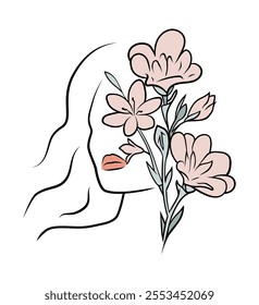 Delicate Line Art Woman with Flowers