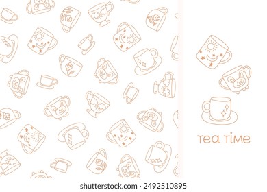 Delicate line cups doodle seamless pattern and clip art. Hand-drawn cute texture with coffee and tea mug on a white background. Monochrome print design for tea lovers.