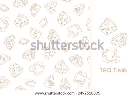 Delicate line cups doodle seamless pattern and clip art. Hand-drawn cute texture with coffee and tea mug on a white background. Monochrome print design for tea lovers.