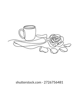 Eine zarte Linienzeichnung von Kaffeetasse Rose und verstreuten Blütenblättern