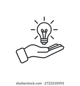 Un delicado dibujo de líneas representa una mano sosteniendo suavemente una bombilla brillante que simboliza la innovación y el cuidado