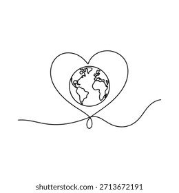 Un delicado dibujo lineal de la tierra abrazado por una amorosa forma de corazón