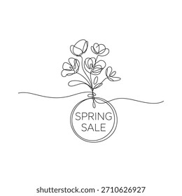 Um delicado desenho de linha apresenta um conjunto de flores suspensas de uma tag circular com texto, todas contra um fundo branco.