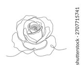 A delicate line drawing of a fully bloomed rose with detailed petals and leaves.