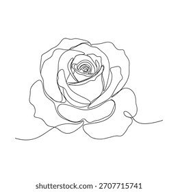 Un delicado dibujo de línea de una rosa completamente florecida con pétalos y hojas detallados.