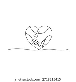Un delicado dibujo de líneas de manos abrazadas dentro de una forma de corazón que simboliza el amor