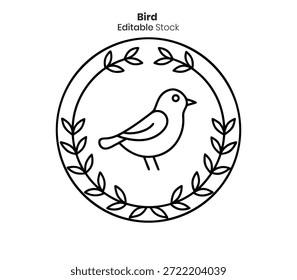 Delicado desenho de linha mostrando um pássaro dentro de uma moldura circular folhosa, ideal para projetos de design.