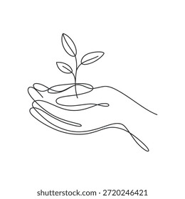Um delicado desenho de linha mostra uma mão suavemente carregando uma planta jovem muda