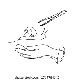 Um delicado desenho de linha de um caracol segurado em uma mão aberta com pinças