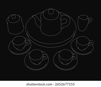 A delicate line drawing of a tea set featuring a kettle, cups, and saucers arranged elegantly on a black background. The minimalist design highlights clean outlines and negative space.