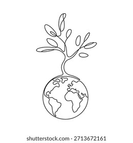 Un delicado dibujo de línea de un árbol que crece desde el planeta tierra