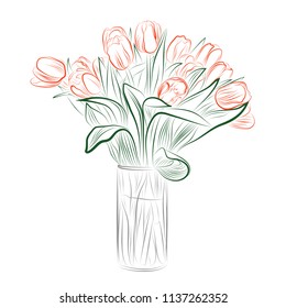 Delicate Line Drawing of Vase Full of Tulips