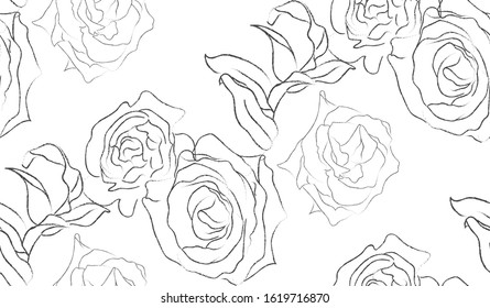 Delicate line drawing vector floral seamloess pattern with hand drawn delicate flowers, branches, leaves, blossom. Botanical illustration. Rose, petals