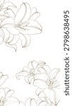 Delicate line drawings of lilies bloom softly. Golden outlines trace petals and stems with grace. Elegant, minimalist design evokes calm and beauty. Ideal for wedding stationery or luxury branding