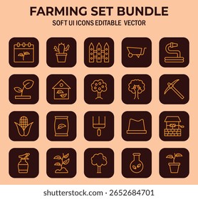 Delicado linha ícones retratando equipamentos agrícolas e ferramentas para o cultivo em fundos de gradiente suave que