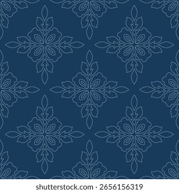Delicado adorno floral lineal. Modelo inconsútil simple con las siluetas abstractas de la flor del contorno, follaje. Fondo de Vector azul oscuro de lujo en damasco, estilo oriental. Sutil repetir exquisito diseño