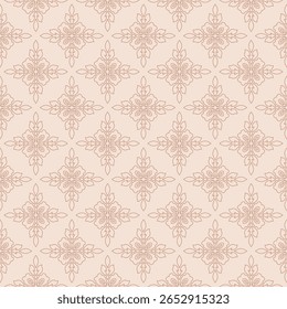 Ornamento floral linear delicado. Padrão sutil sem emenda com silhuetas de flor de contorno abstrato, folhagem. Luxo vermelho e bege fundo vetor mínimo em damasco, estilo oriental. Design completo